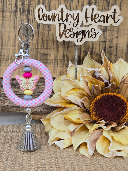 #205 Checkered Butterfly Double Hoop Keychain  **𝑶𝒏𝒍𝒚 1 𝒊𝒏 𝑺𝒕𝒐𝒄𝒌**